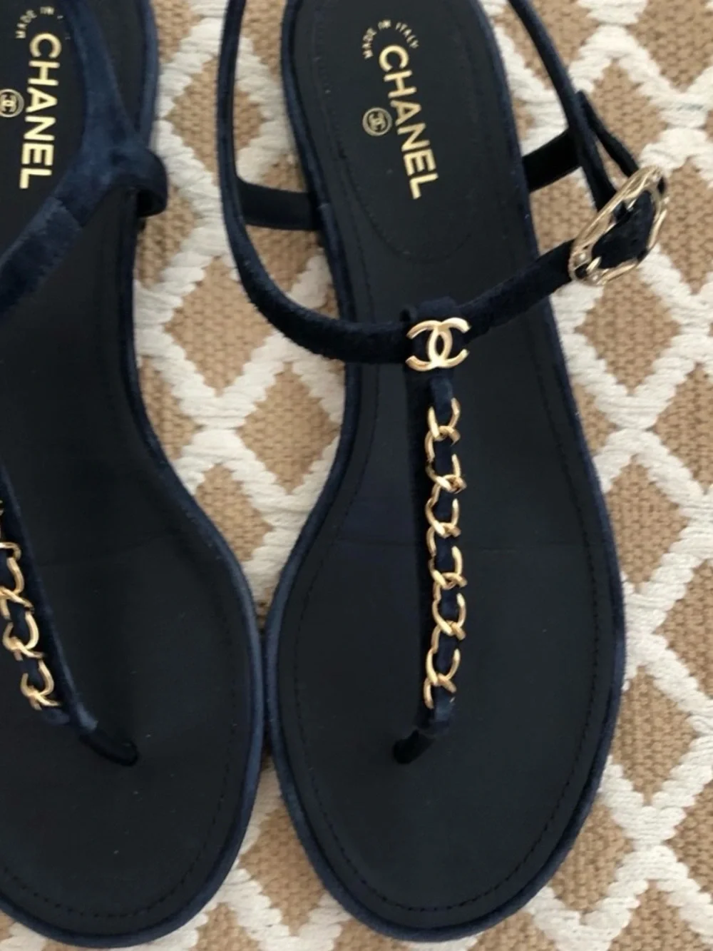 CHANEL Suede Calfskin Thong Sandals 38.5 Navy Blue